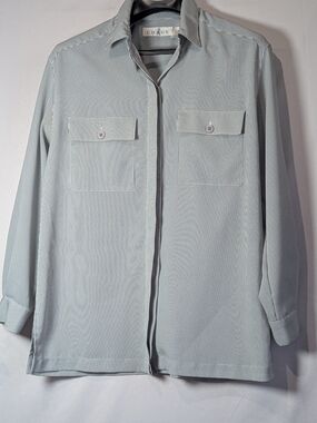 CHAUS Women’s Sage Green Gray White Pinstripe Button Down Blouse Size 12